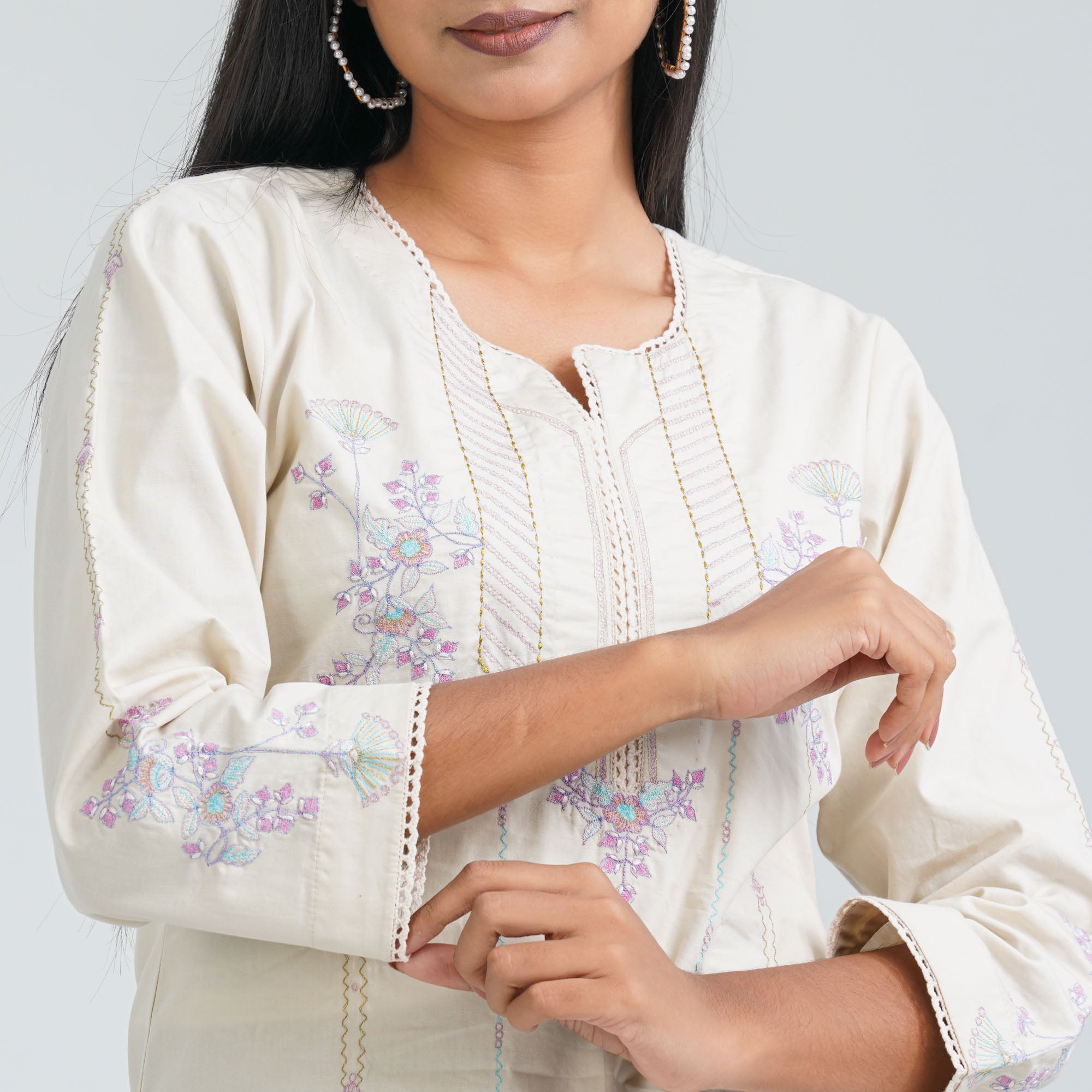 Women’s Cream Cotton Embroidered Two Piece Set thumbnail 2