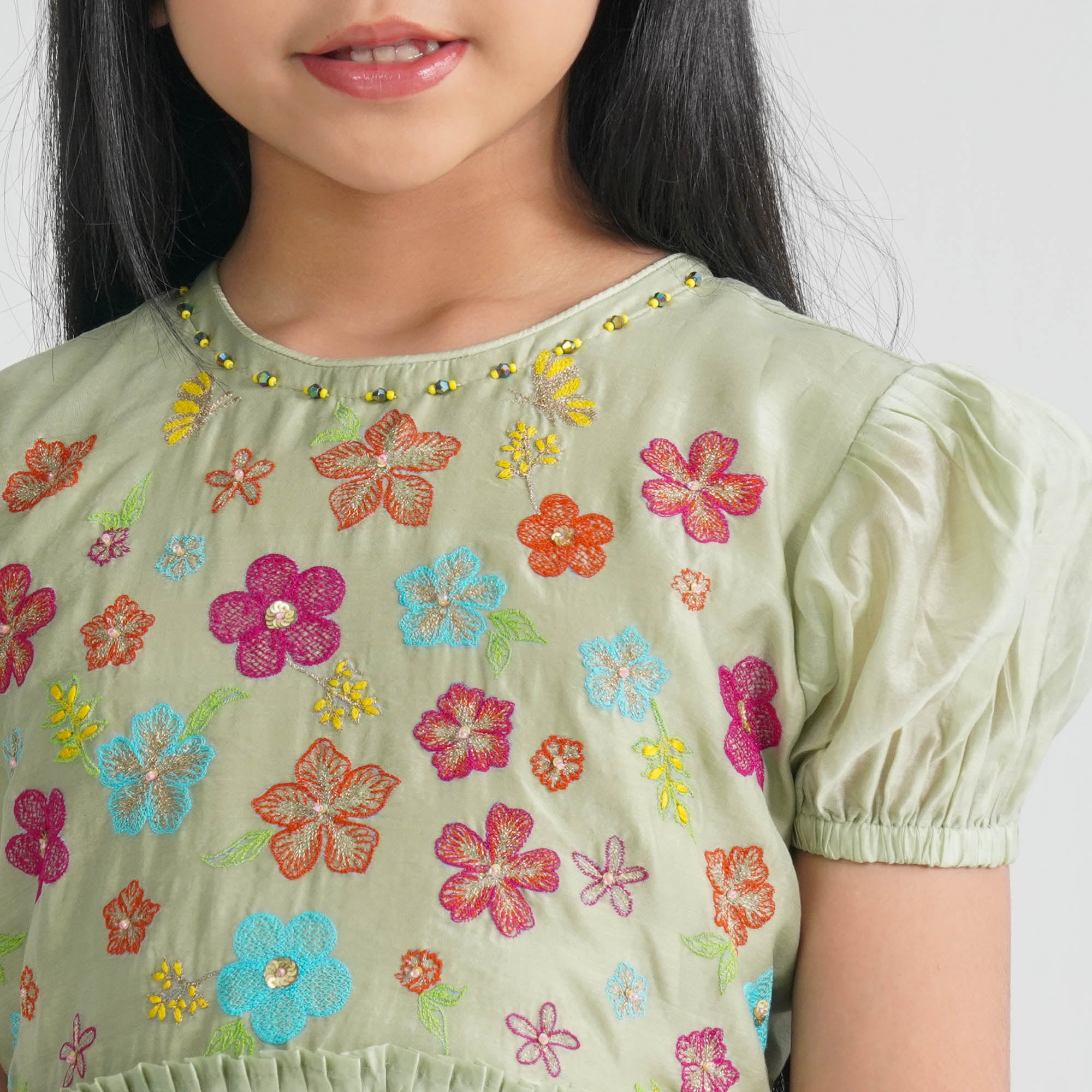 Girls Olive Shine Cotton Frock thumbnail 2