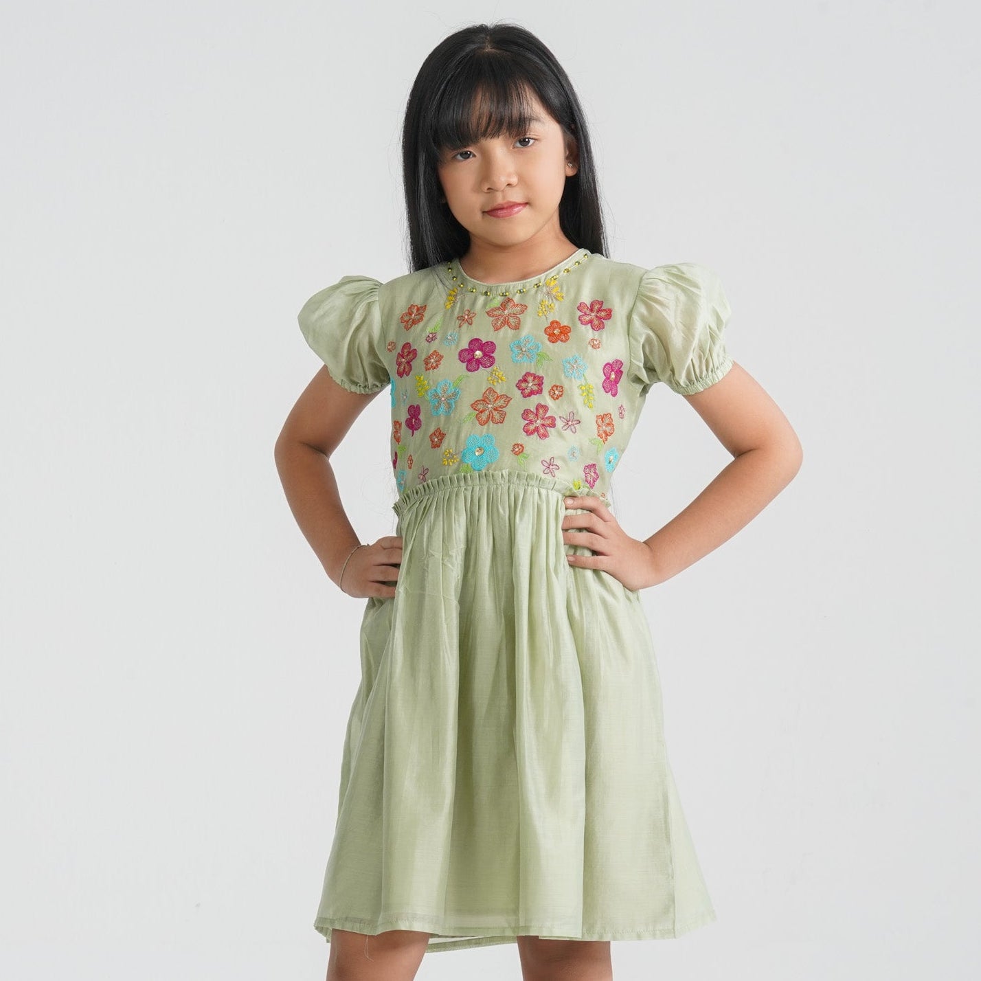 Girls Olive Shine Cotton Frock thumbnail 4