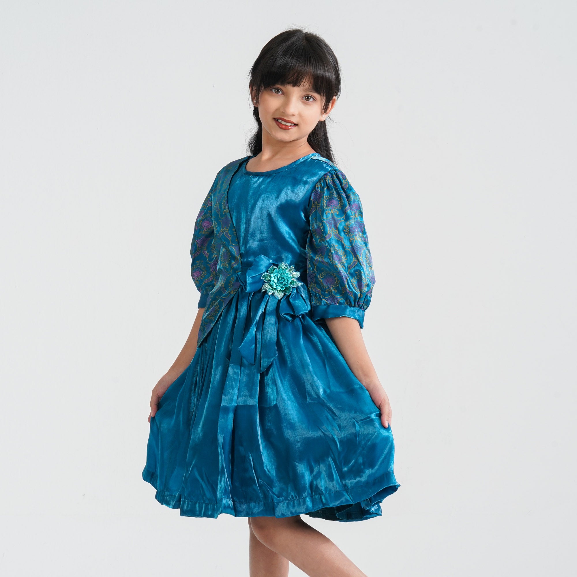 Girl's Teal Flared Midi Frock thumbnail 3