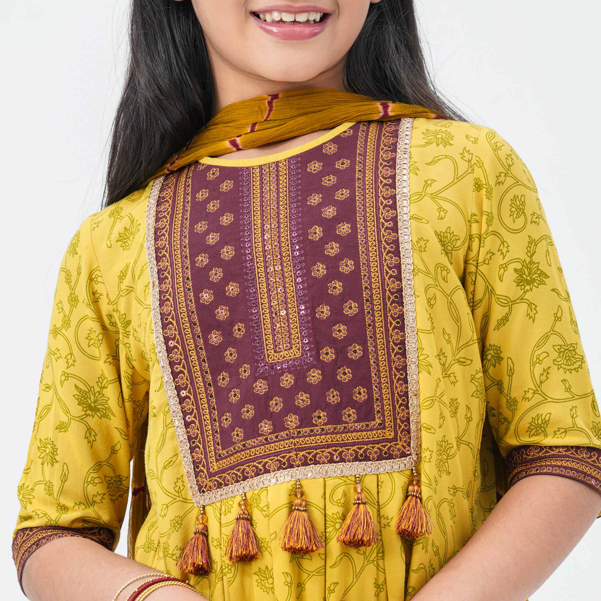 Girl's Mustard & Maroon Floral Three Piece Set thumbnail 2