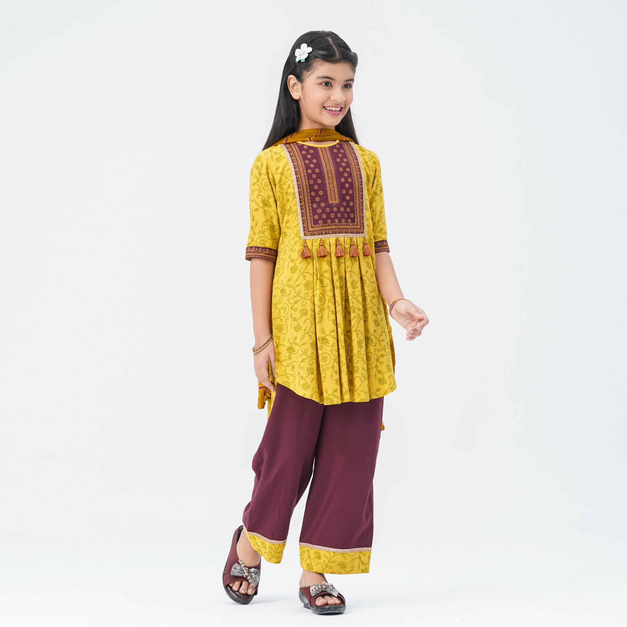 Girl's Mustard & Maroon Floral Three Piece Set thumbnail 3