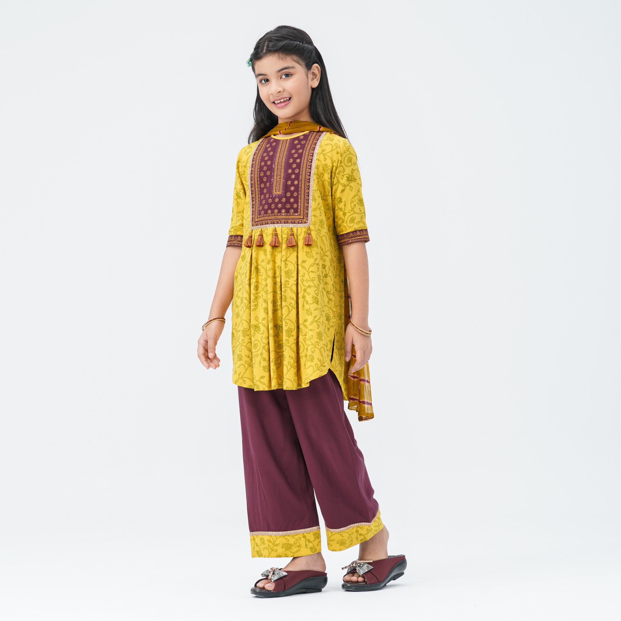 Girl's Mustard & Maroon Floral Three Piece Set thumbnail 5