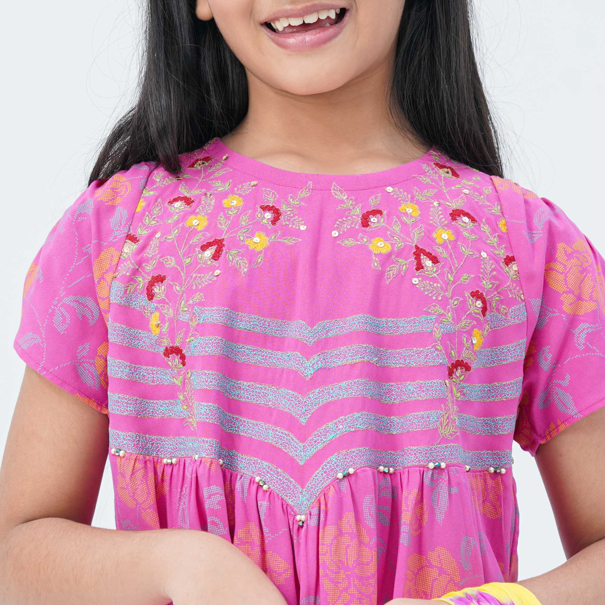 Girls' Pink & Yellow Embroidered Two Piece Set thumbnail 2