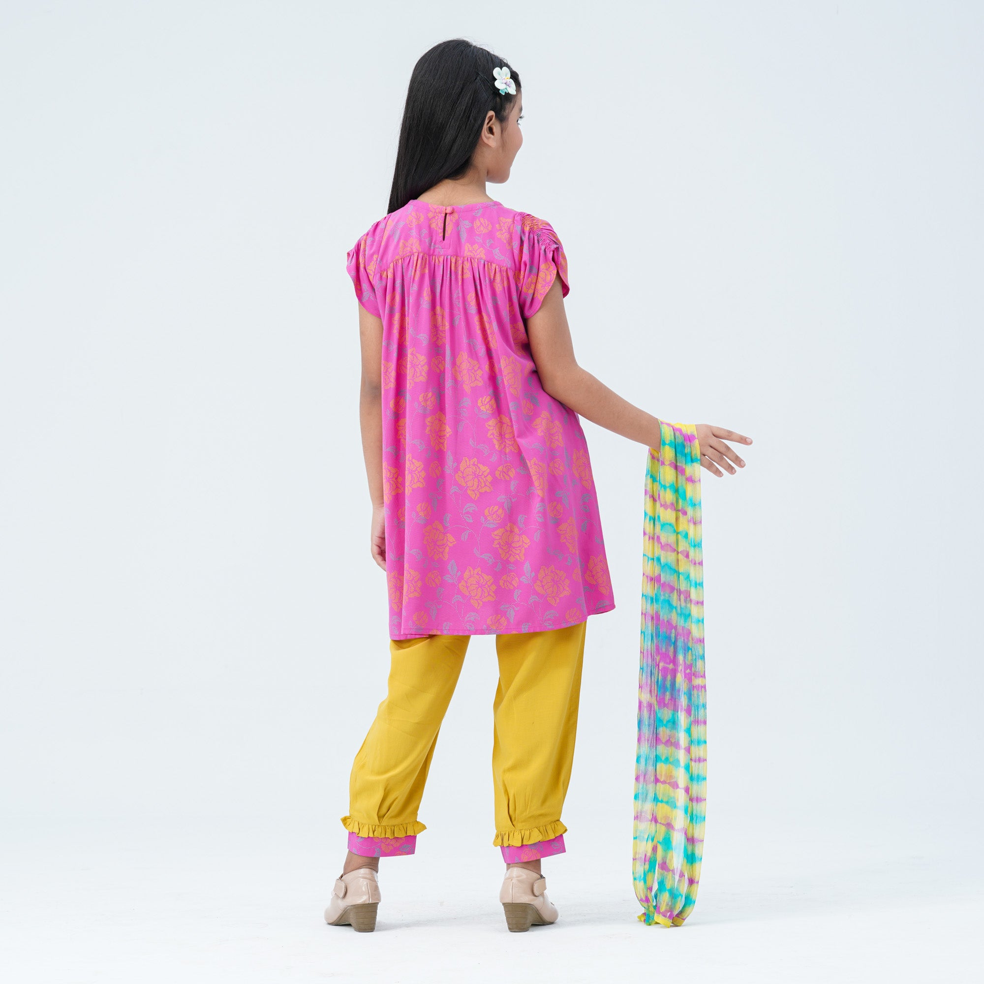 Girls' Pink & Yellow Embroidered Two Piece Set thumbnail 3