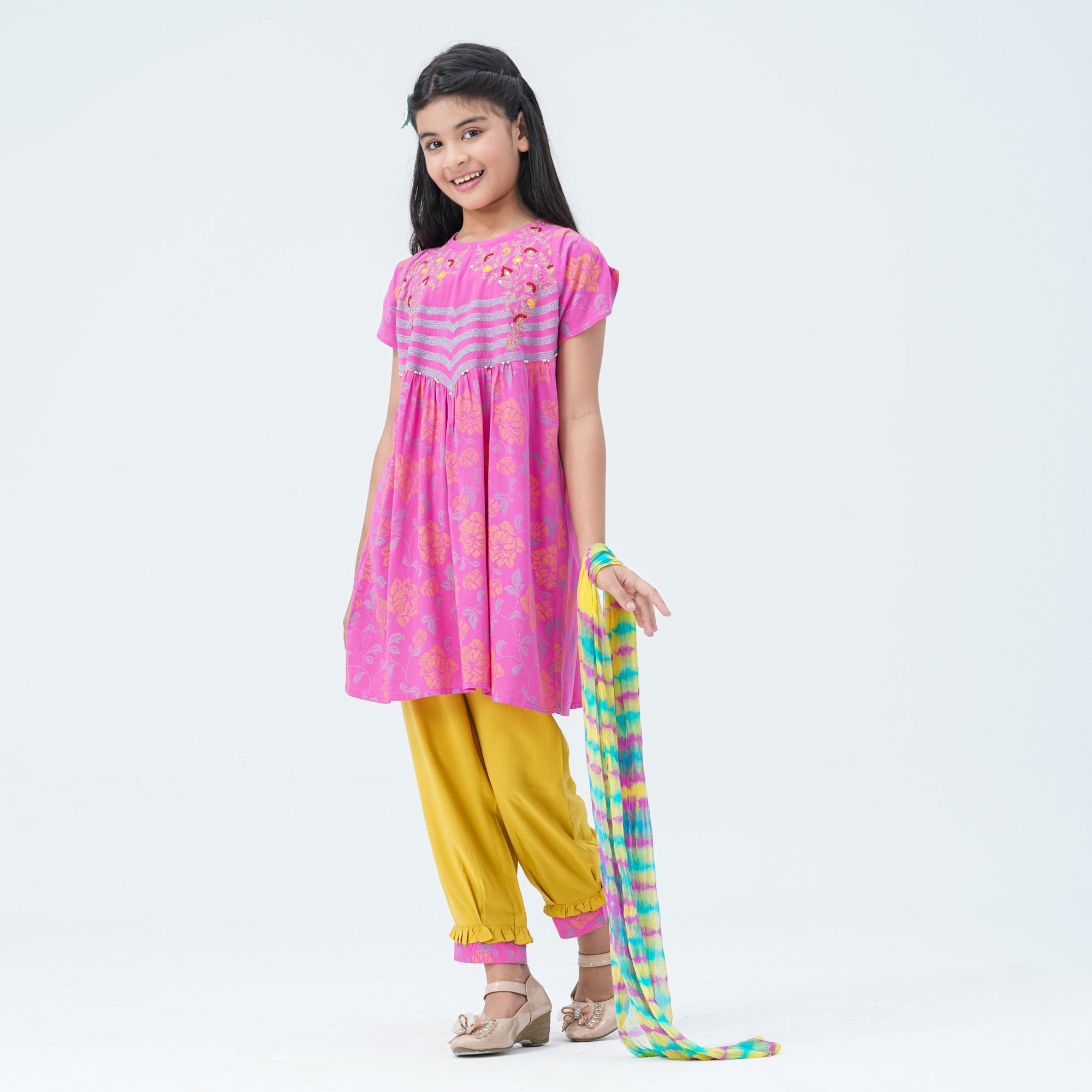 Girls' Pink & Yellow Embroidered Two Piece Set thumbnail 5