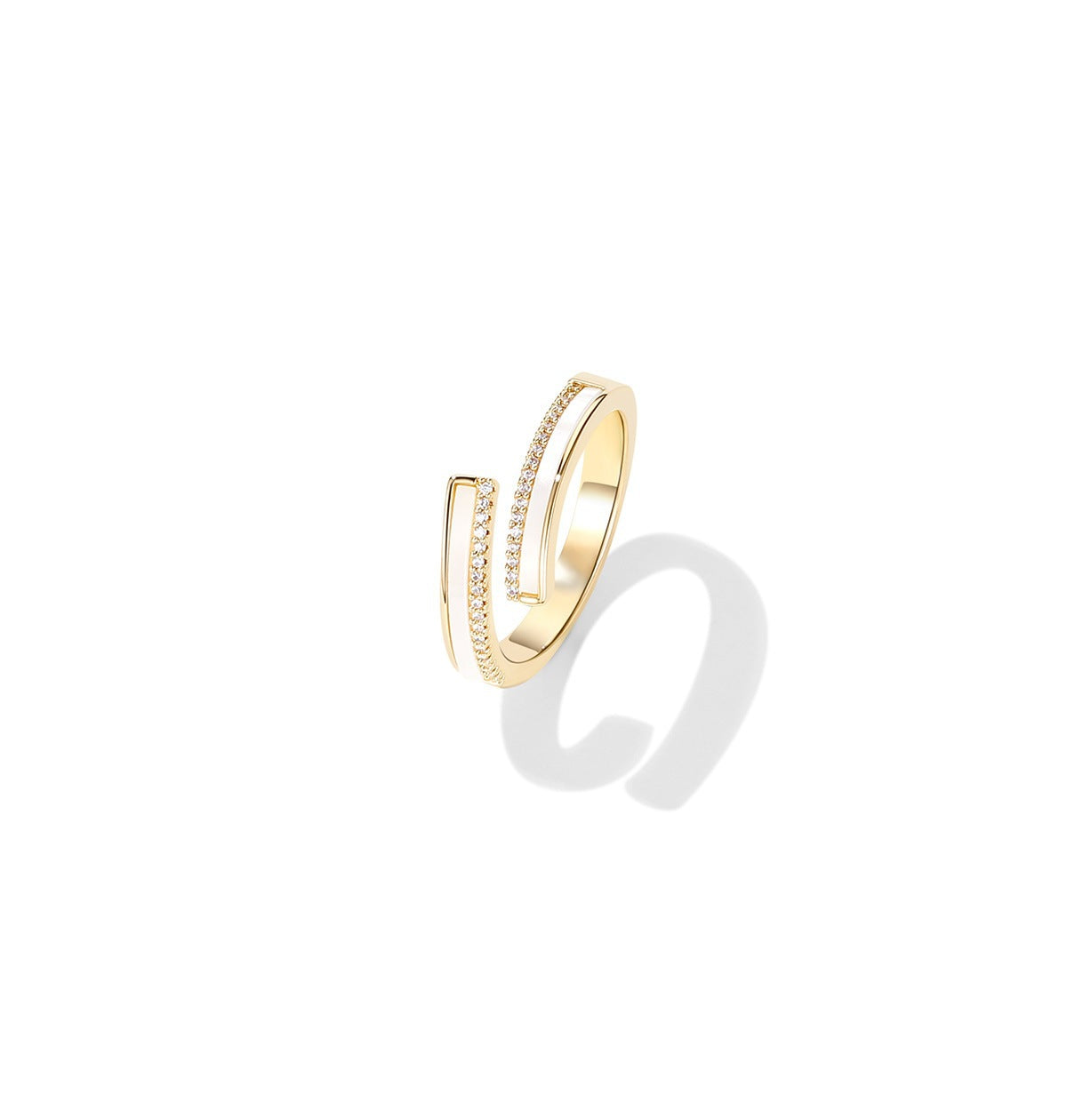 Sophisticated Geometric Shell Open Ring with Zircon Micro-Inlay Gold Detail thumbnail 2
