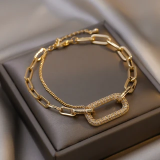 Retro Geometric Zircon Encrusted Korean Fashion Chain Bracelet - Luxe Gold thumbnail 1