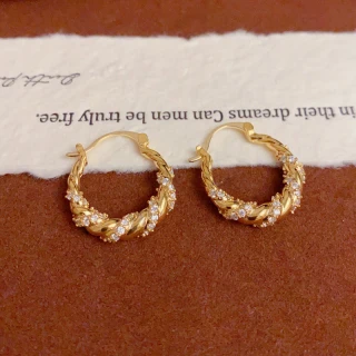 HS.DPR Elegant Gold Plated Zircon Twist Hoop Earrings Geometric Design thumbnail 1