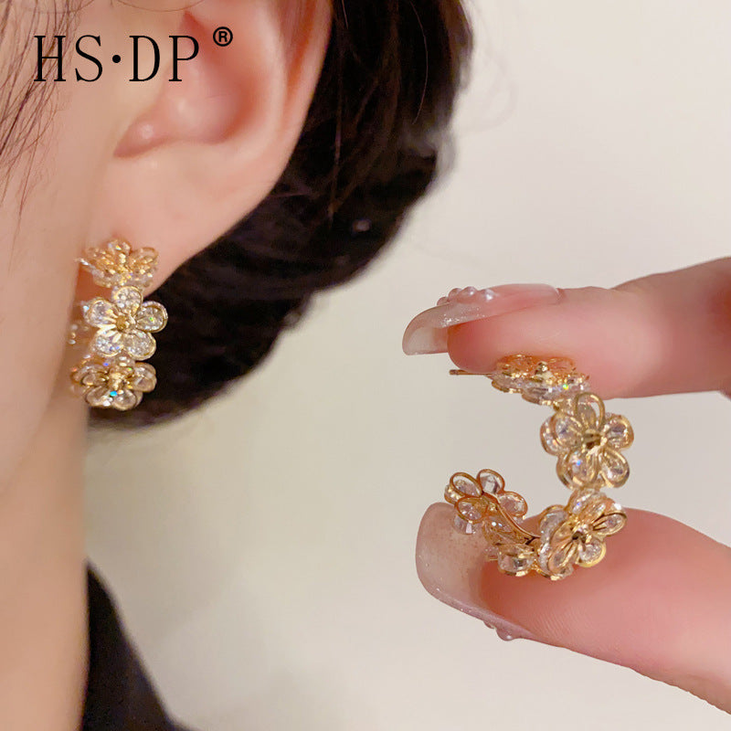 S925 Silver Needle Zircon Flower Hoop Earrings - Bloom Edition thumbnail 2
