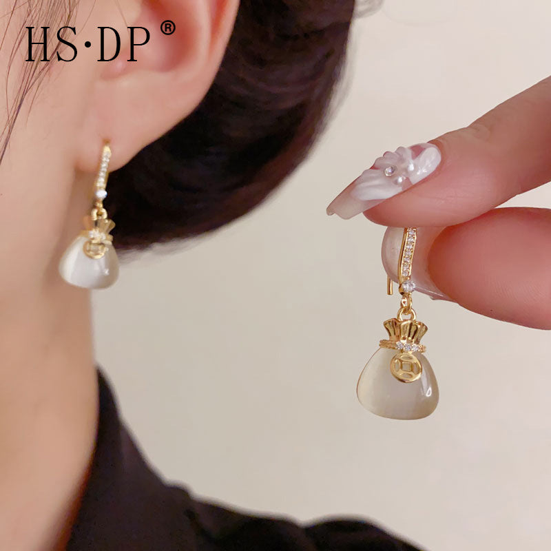 Elegant Cat's Eye Money Bag Gold Plated Ear Hook Earrings thumbnail 2